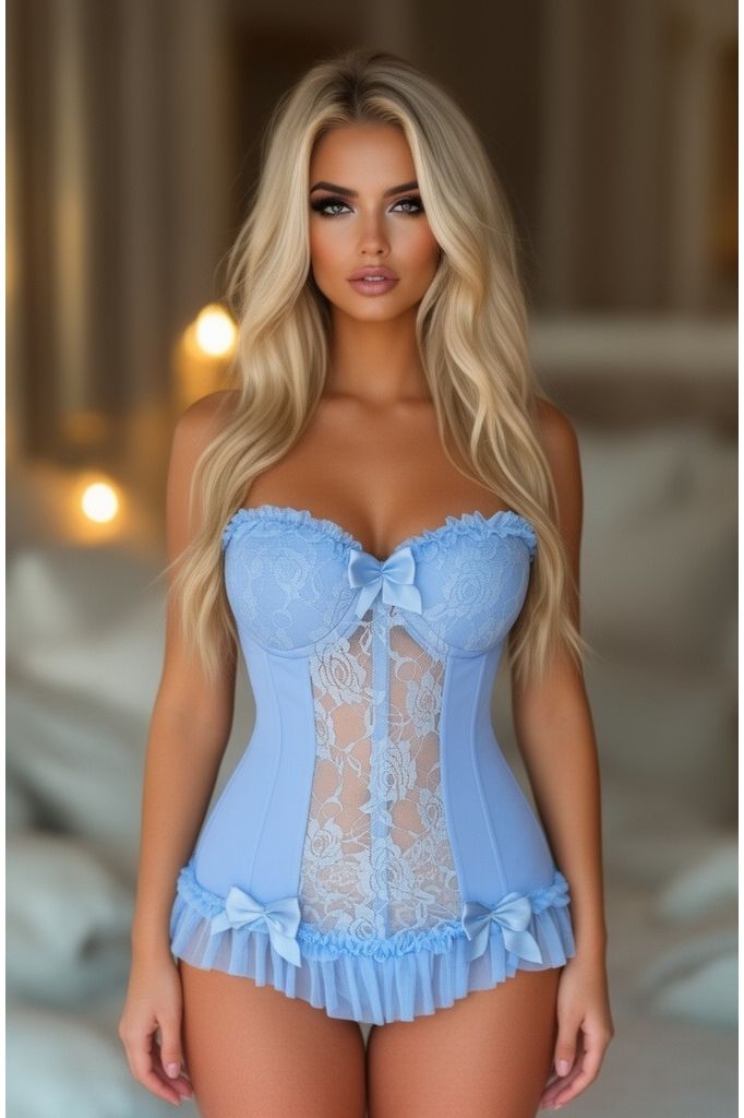 Daisy Corsets Lavish Lt Blue Lycra & Lace Hook & Eye Stretch Bustier Corset