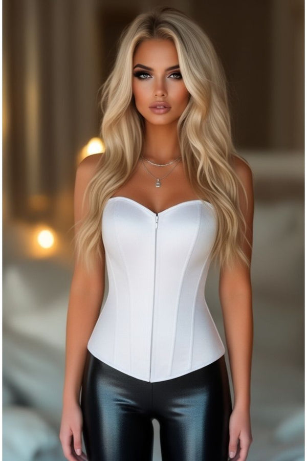 Daisy Corsets Lavish White Satin Overbust Sweetheart Front Zipper Corset Top