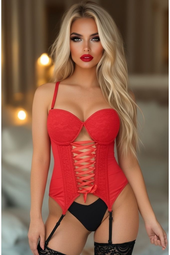 Daisy Corsets Lavish Red Lycra & Lace Hook & Eye Lace-Up Bustier Corset w/Garters