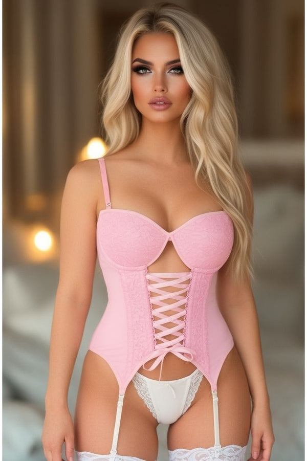Daisy Corsets Lavish Lt Pink Lycra & Lace Hook & Eye Lace-Up Bustier Corset w/Garters