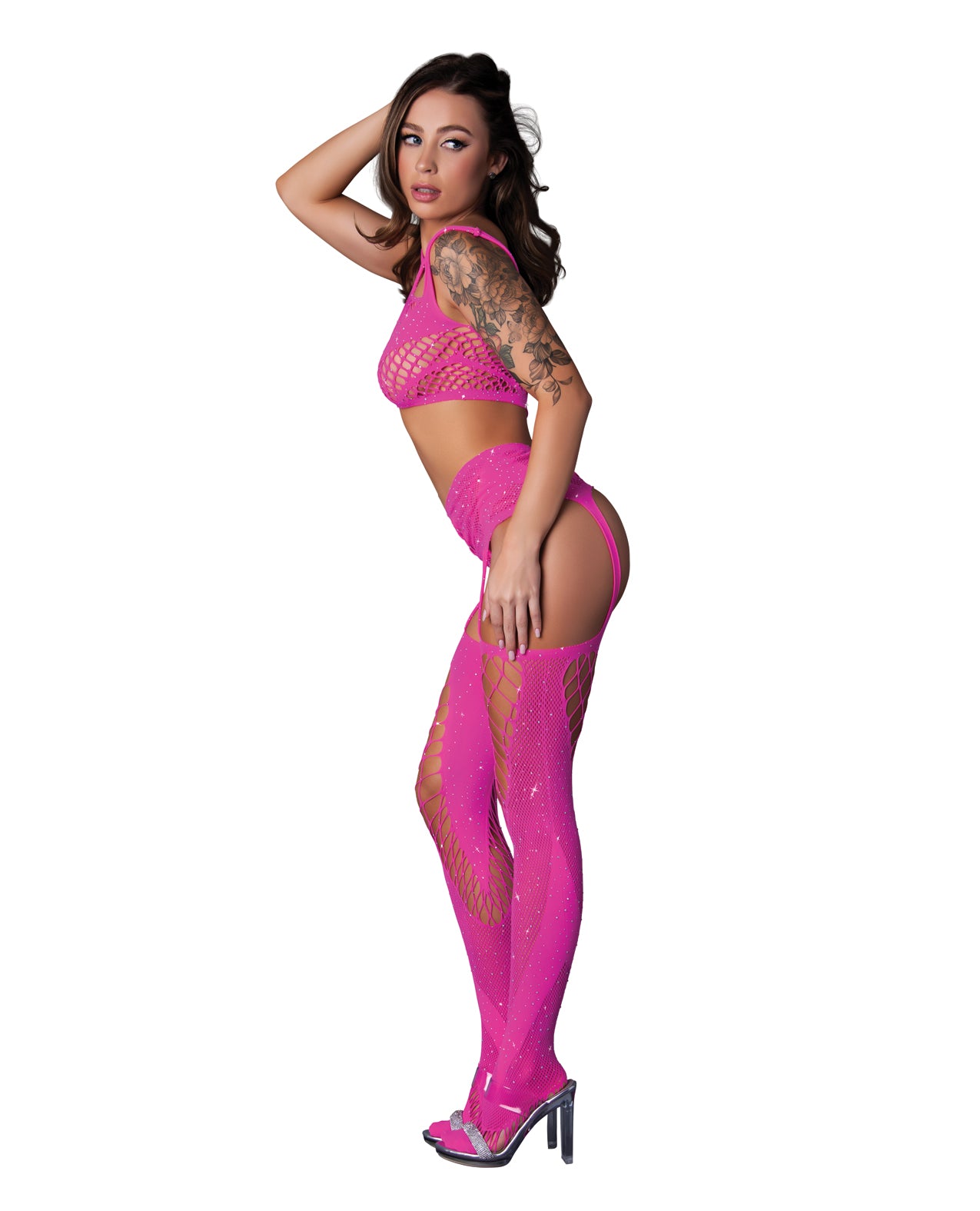 Magic Silk Seamless Blacklight Reflective Bra G-String Garter Stocking Set Pink