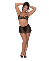 Magic Silk Girl Next Door Strappy Bralette wFlirty Thong Skirt Black