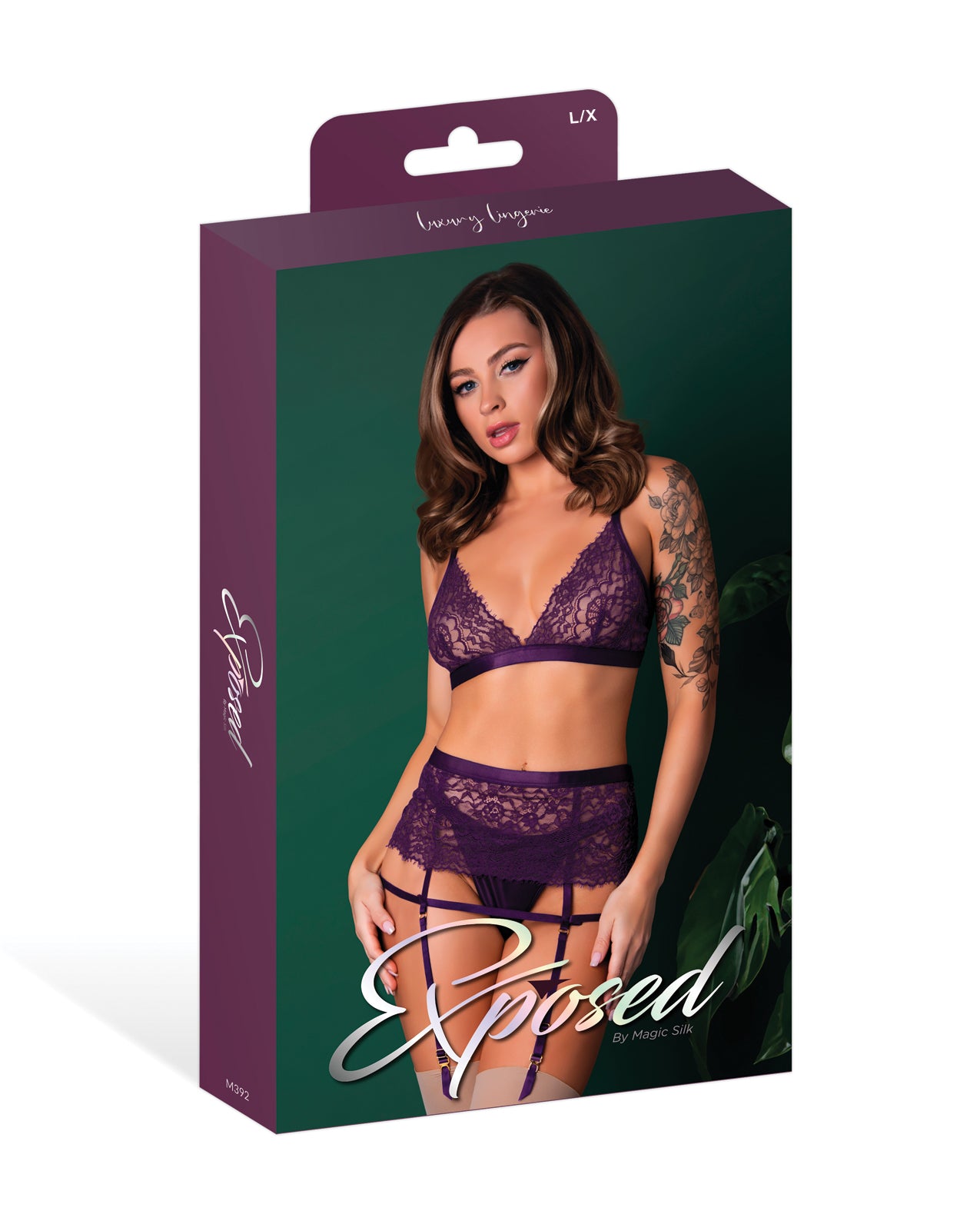 Magic Silk Leather & Lace Bralette with Garter and Thong Bra Set Plum