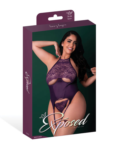 Magic Silk Queen Leather & Lace Underboob Cutout Corset & Panty Set Plum