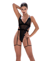Mapale Sheer Shadow Panel Bodysuit w/Attached Garters Black