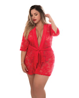 Mapale Lingerie Queen Plus Lace Robe w/Matching G-String Red