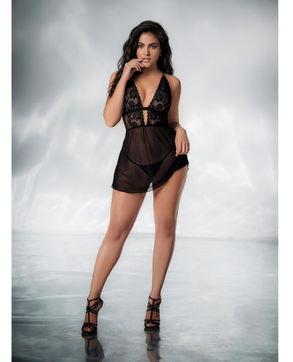 Mapale Lace & Mesh Babydoll & G-String Black