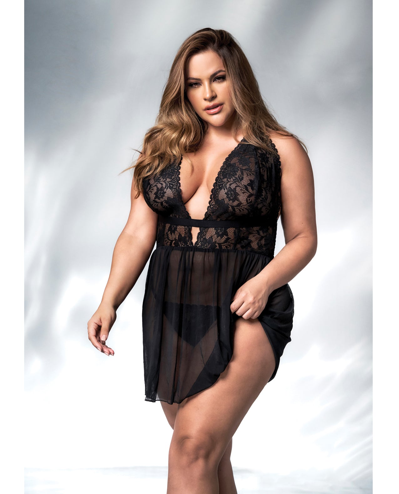 Mapale Queen Lace & Mesh Babydoll & G-String Black