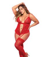 Mapale Lingerie Plus Ruffles Lace Transparent Mesh Bodysuit Red