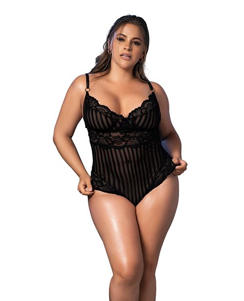 Mapale Lingerie Plus Sheer Shadow Stripe & Lace Teddy Black