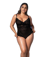Mapale Lingerie Plus Sheer Shadow Stripe & Lace Teddy Black