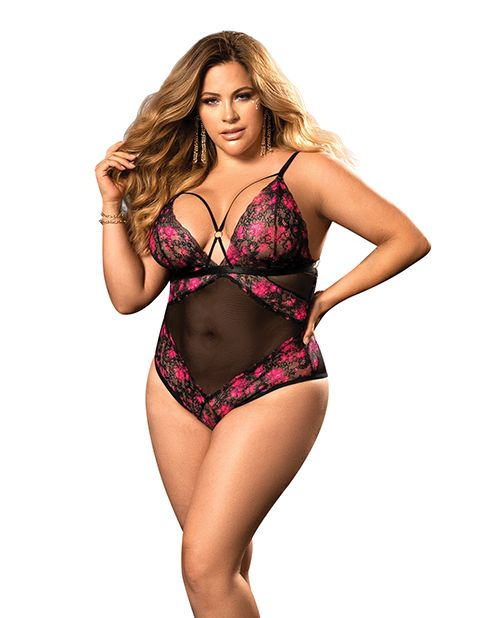 Mapale Lingerie Plus Demi Cup Lace & Mesh Teddy Black/Hot Pink