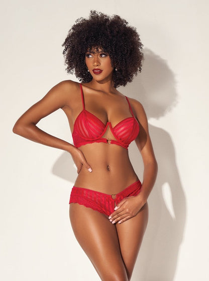 Mapale Shadow Stripe Underwire Bra Set w/Heart Detail & Crotchless Bottom Red