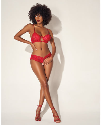 Mapale Shadow Stripe Underwire Bra Set w/Heart Detail & Crotchless Bottom Red