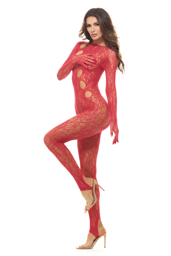 Rene Rofe Split Up Lace Bodystocking Red