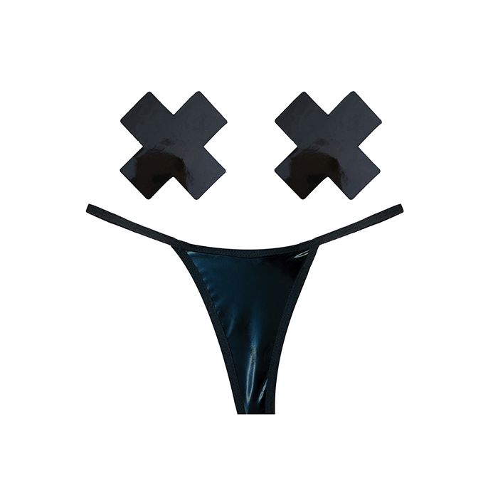 Neva Nude Naughty Knix Dom Squad Wet Vinyl G-String and Pasties - Black