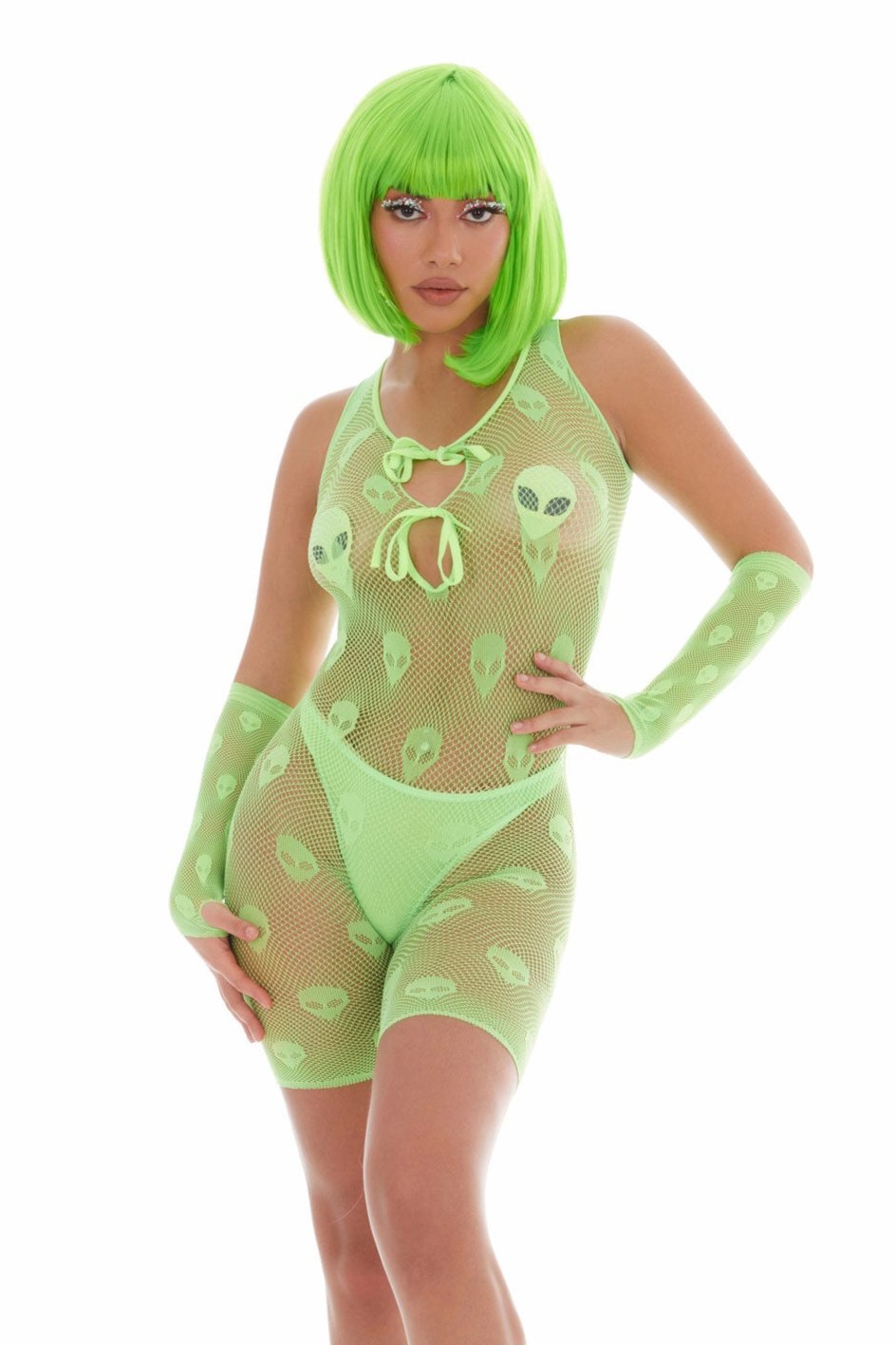 Kandi House Out of This World 4pc Alien Bodysuit Gloves Set Green