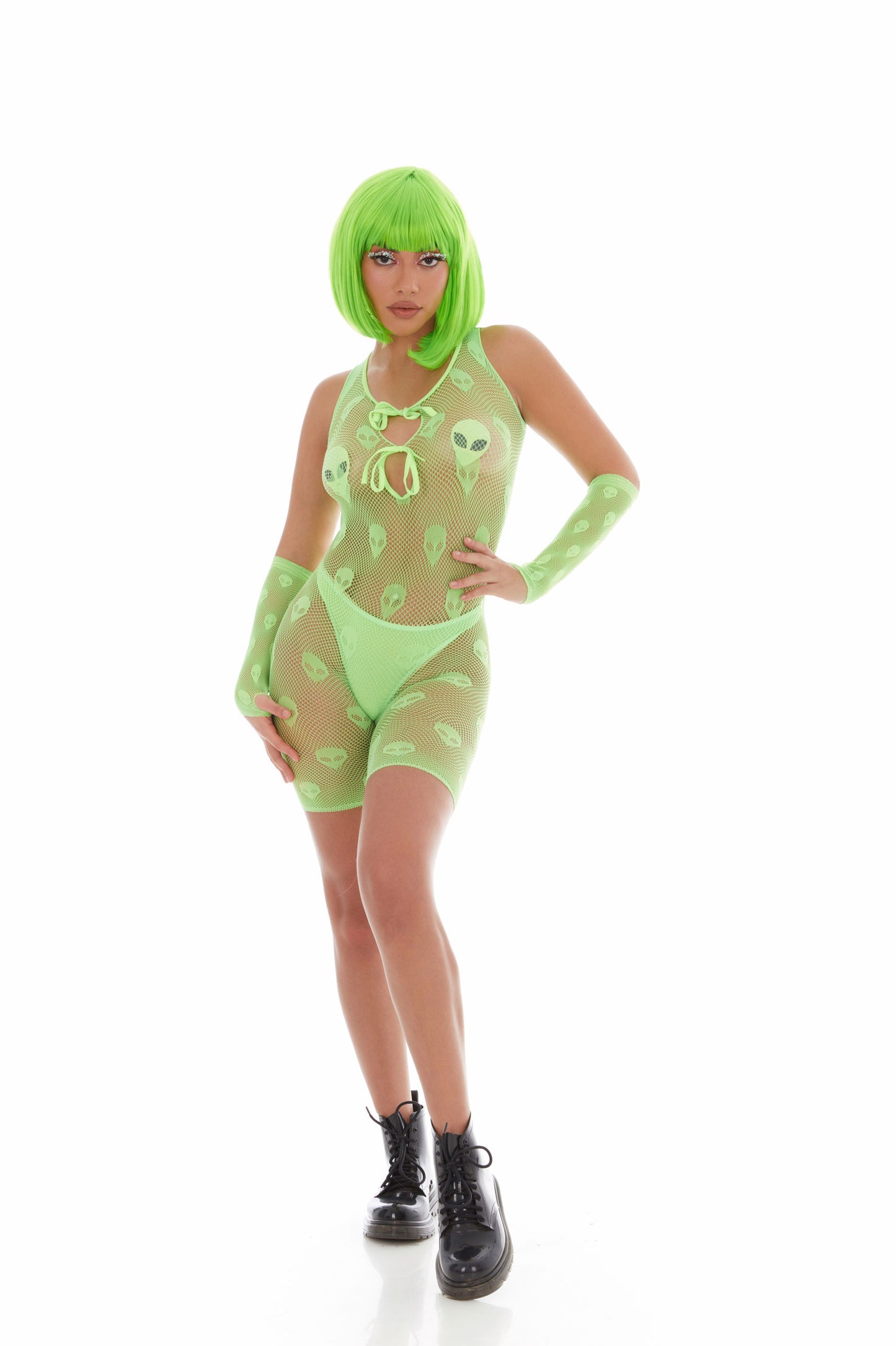 Kandi House Out of This World 4pc Alien Bodysuit Gloves Set Green