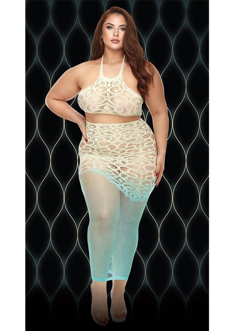 Lapdance Queen Green Goddess 2 Piece Stocking Skirt Top Set Ombre