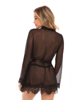 Oh la la Cheri Eyelash Lace Sheer Mesh Provence Short Robe Black