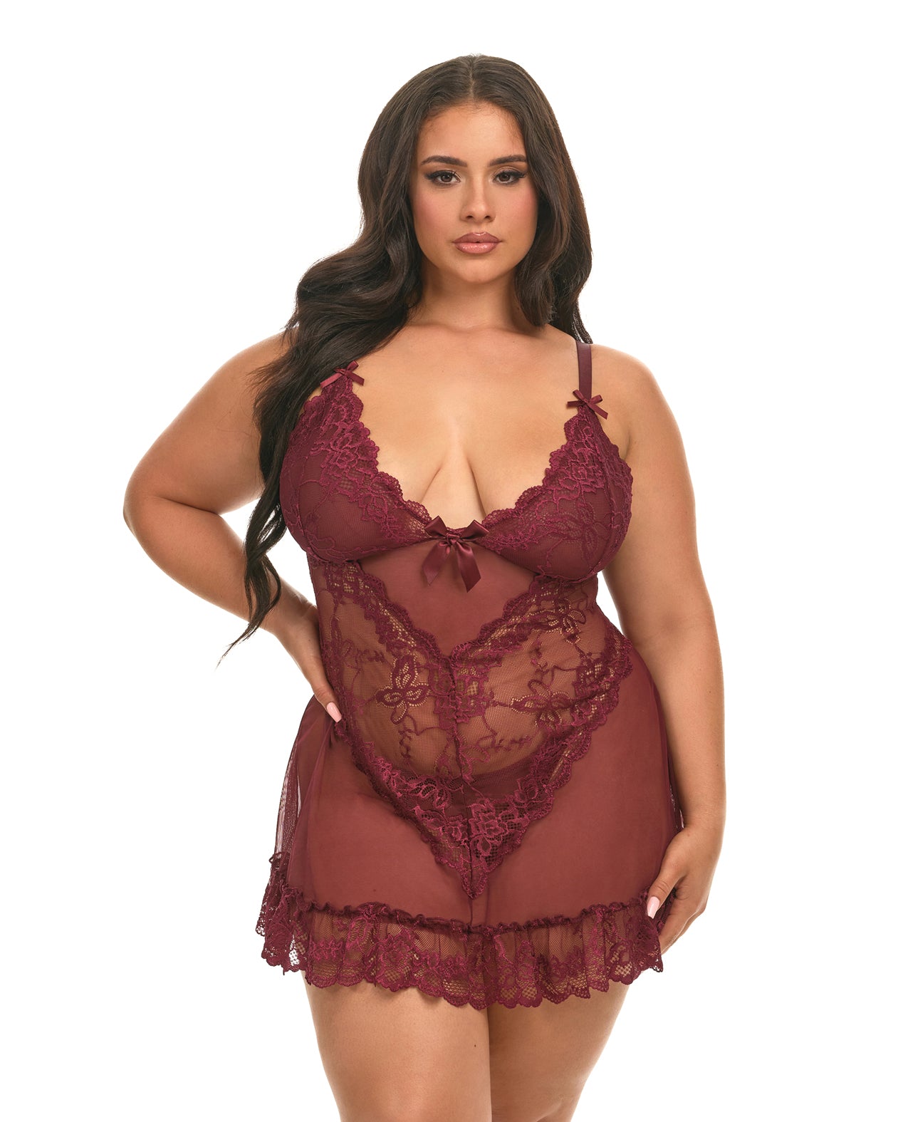 Oh la la Cheri Plus Size Valentine Lacey Babydoll w/G-String - Zinfandel