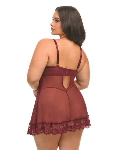 Oh la la Cheri Plus Size Valentine Lacey Babydoll w/G-String - Zinfandel