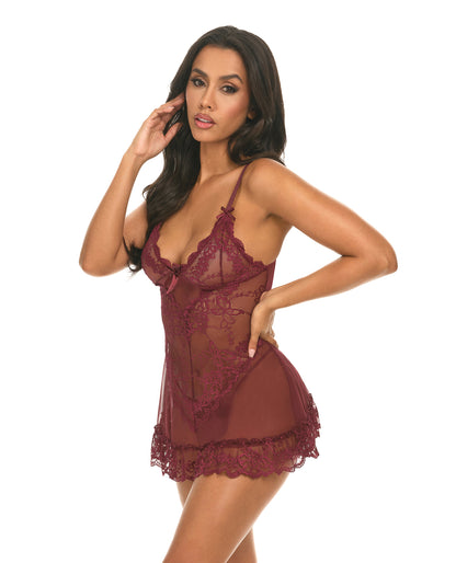 Oh la la Cheri Valentine Lacey Babydoll w/G-String - Zinfandel