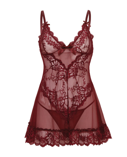 Oh la la Cheri Valentine Lacey Babydoll w/G-String - Zinfandel