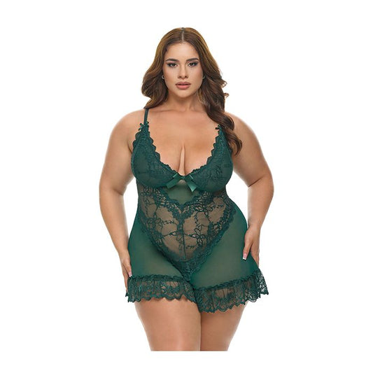 Oh la la Cheri Curvy Valentine Lacey Lace Babydoll with G-String Green