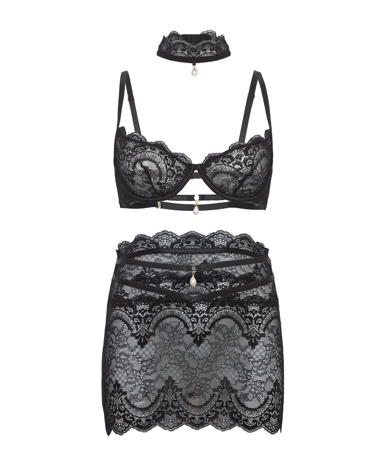 Oh la la Cheri Black Perla Lace 3 pc Set Pearl Details