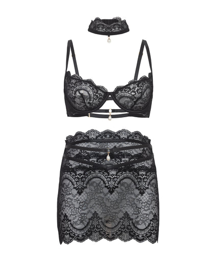 Oh la la Cheri Black Perla Lace 3 pc Set Pearl Details