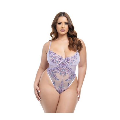 Oh la la Cheri Curvy Lavender Lace Teddy Embroidery Flowers Purple Lavendula