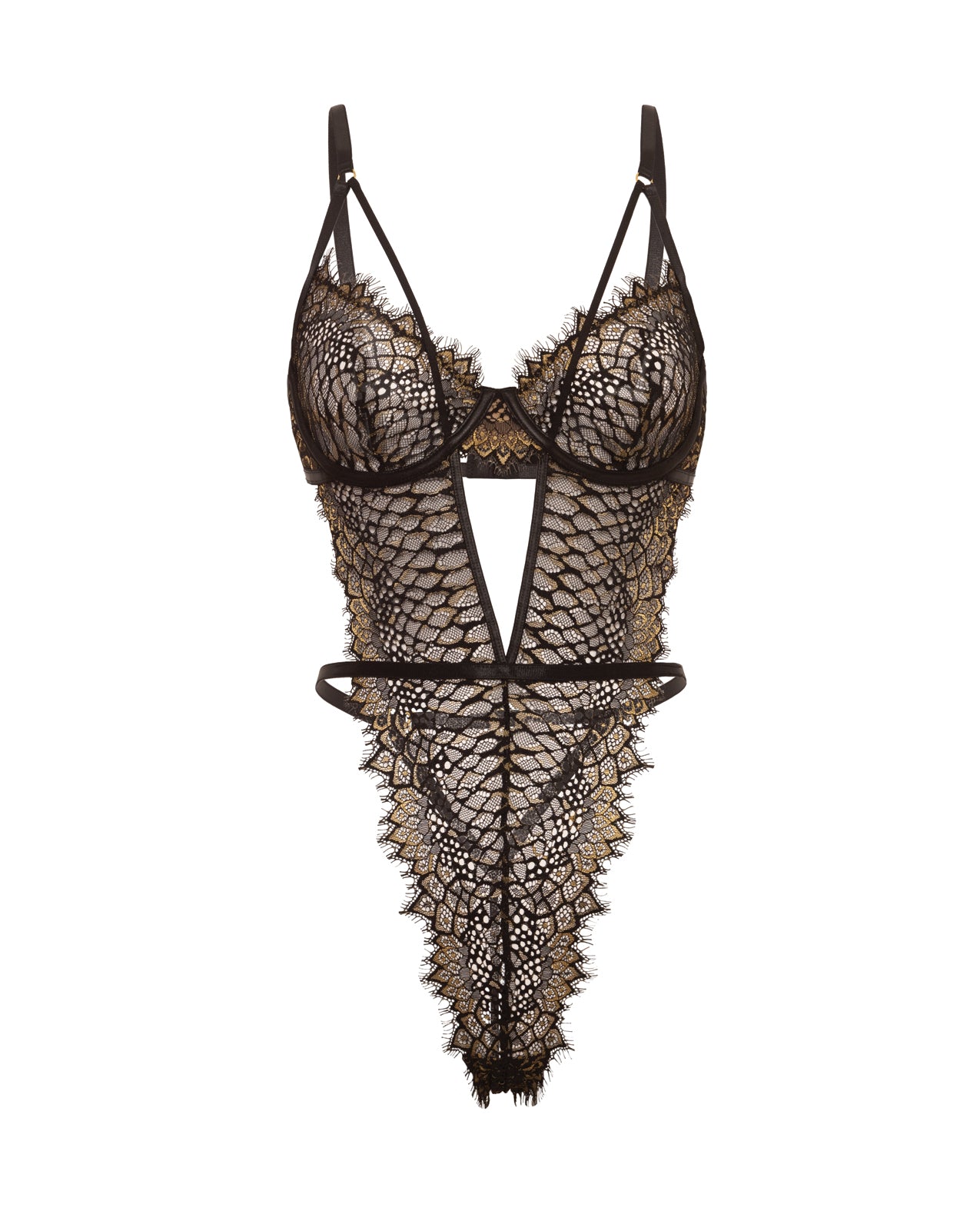 Oh la la Cheri Greta Snake Eyelash Lace Teddy - Black/Gold