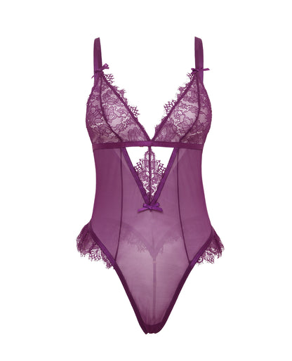 Oh la la Cheri Plus Size Queen Katana Mesh & Lace Teddy - Purple