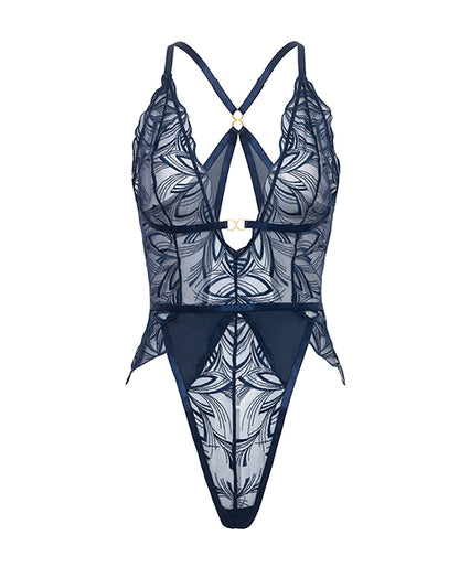 Oh la la Cheri Davina V-Plunge Embroidered Teddy Double Ring Charm Navy