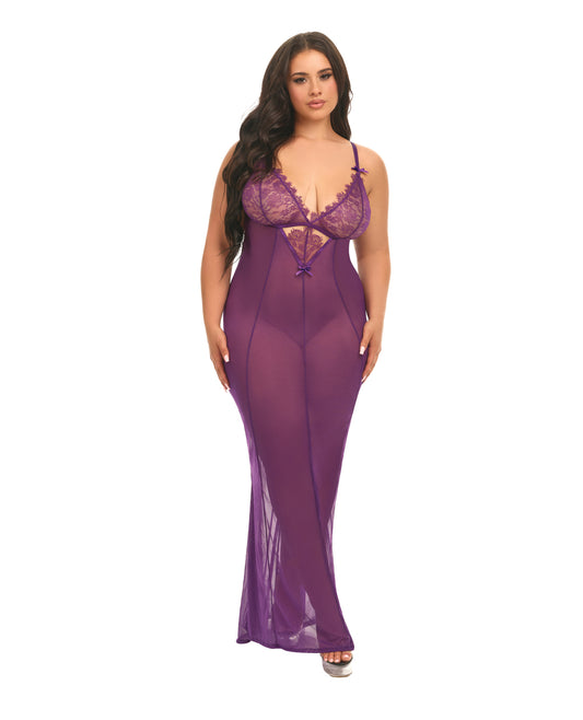 Oh la la Cheri Plus Size Queen Katana Mesh & Eyelash Lace Gown - Purple