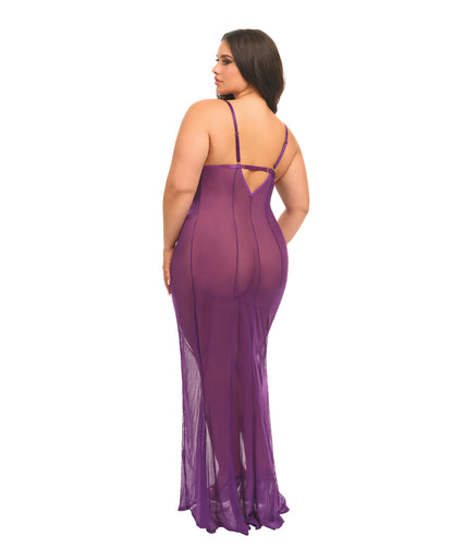 Oh la la Cheri Plus Size Queen Katana Mesh & Eyelash Lace Gown - Purple