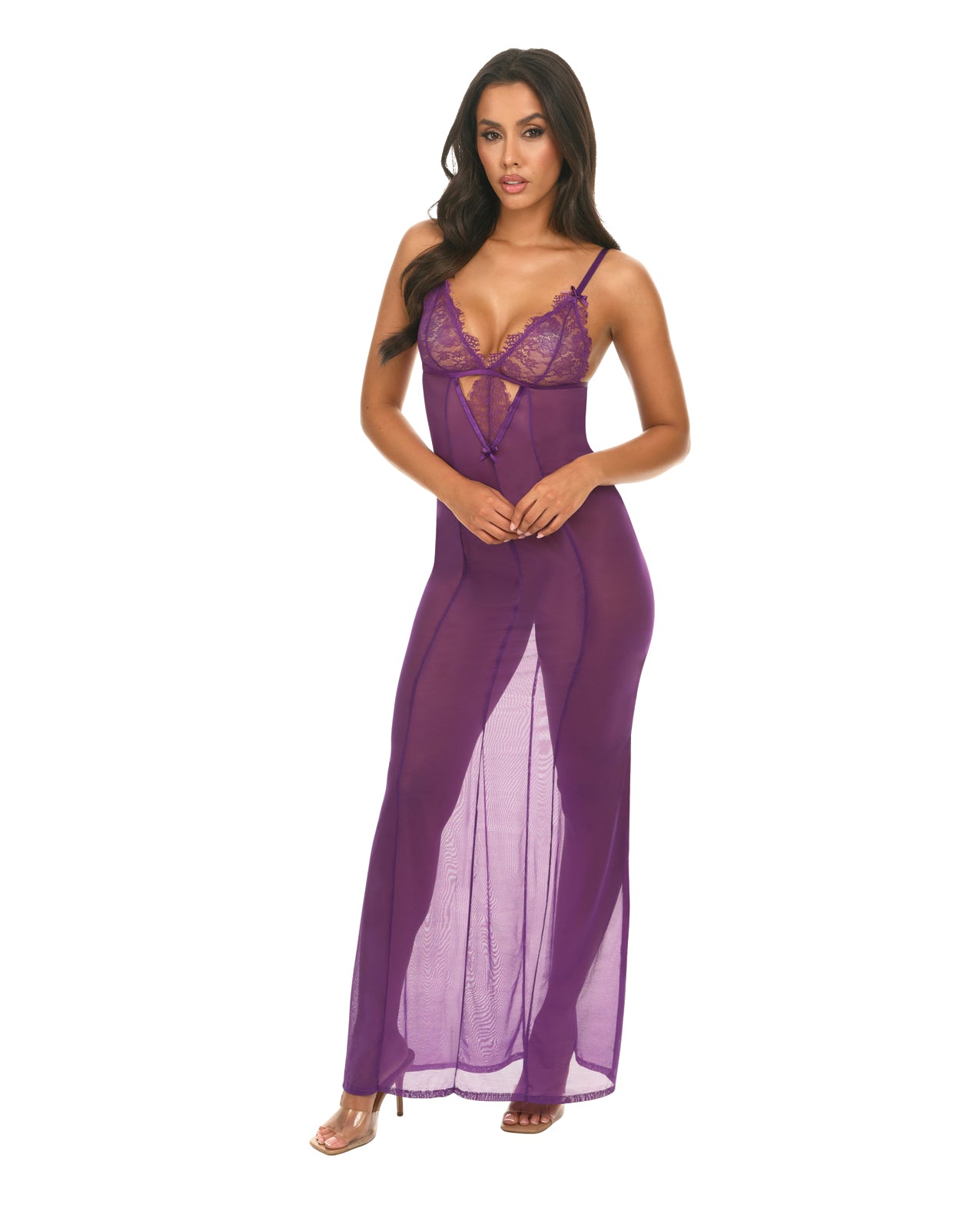 Oh la la Cheri Katana Mesh & Eyelash Lace Gown - Purple