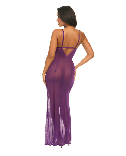 Oh la la Cheri Katana Mesh & Eyelash Lace Gown - Purple