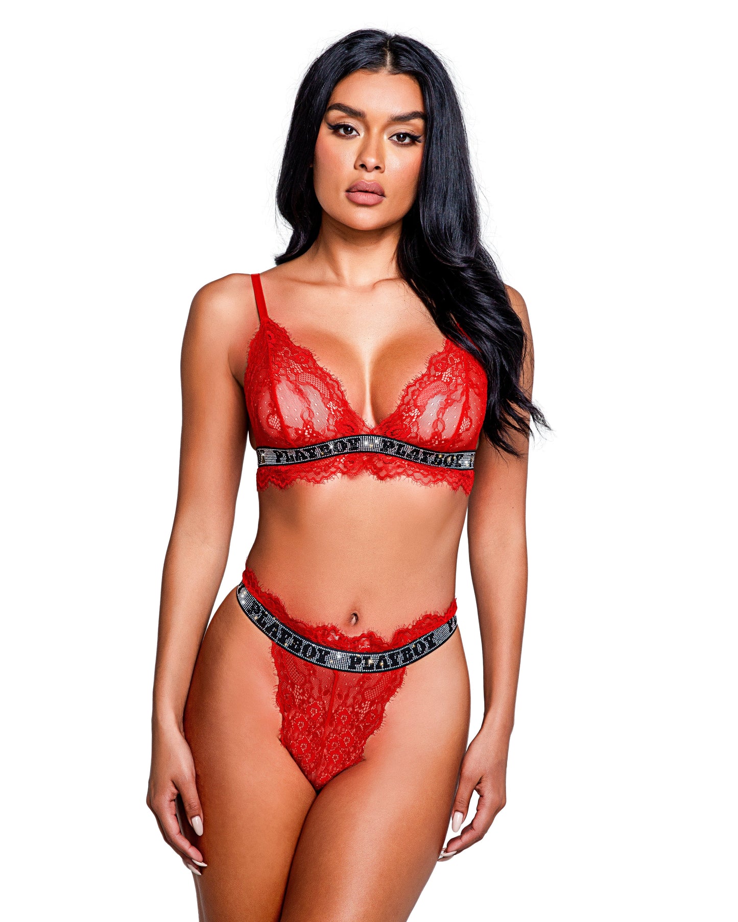 Roma Confidential Playboy Rhinestone Starlet Lace Bralette Bra Set Red Queen Plus Size