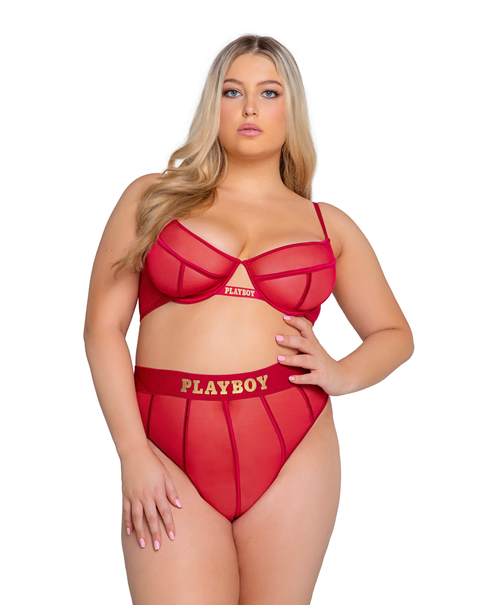 Roma Confidential Playboy Cage Bra Set Burgundy/Gold Queen Plus Size