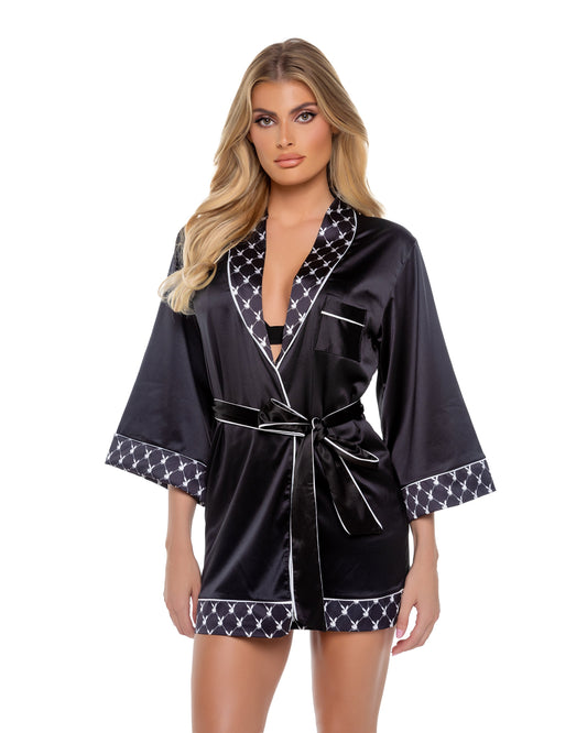 Playboy Bunny Smoke Lounge Robe Black Satin