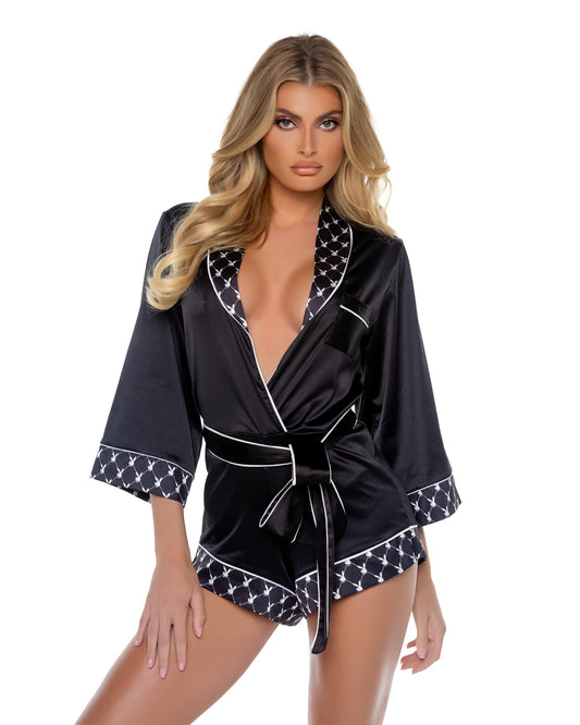 Playboy Bunny Smoke Lounge Romper Black Satin