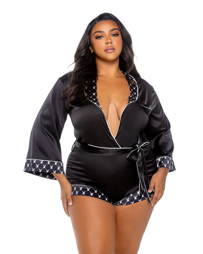 Playboy Bunny Queen Smoke Lounge Romper Black Satin Plus Size