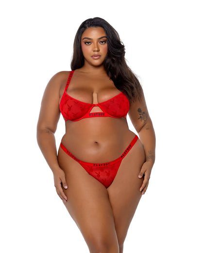 Playboy Bunny Rouge Bra Set Flocked Printed Mesh Red Plus Size