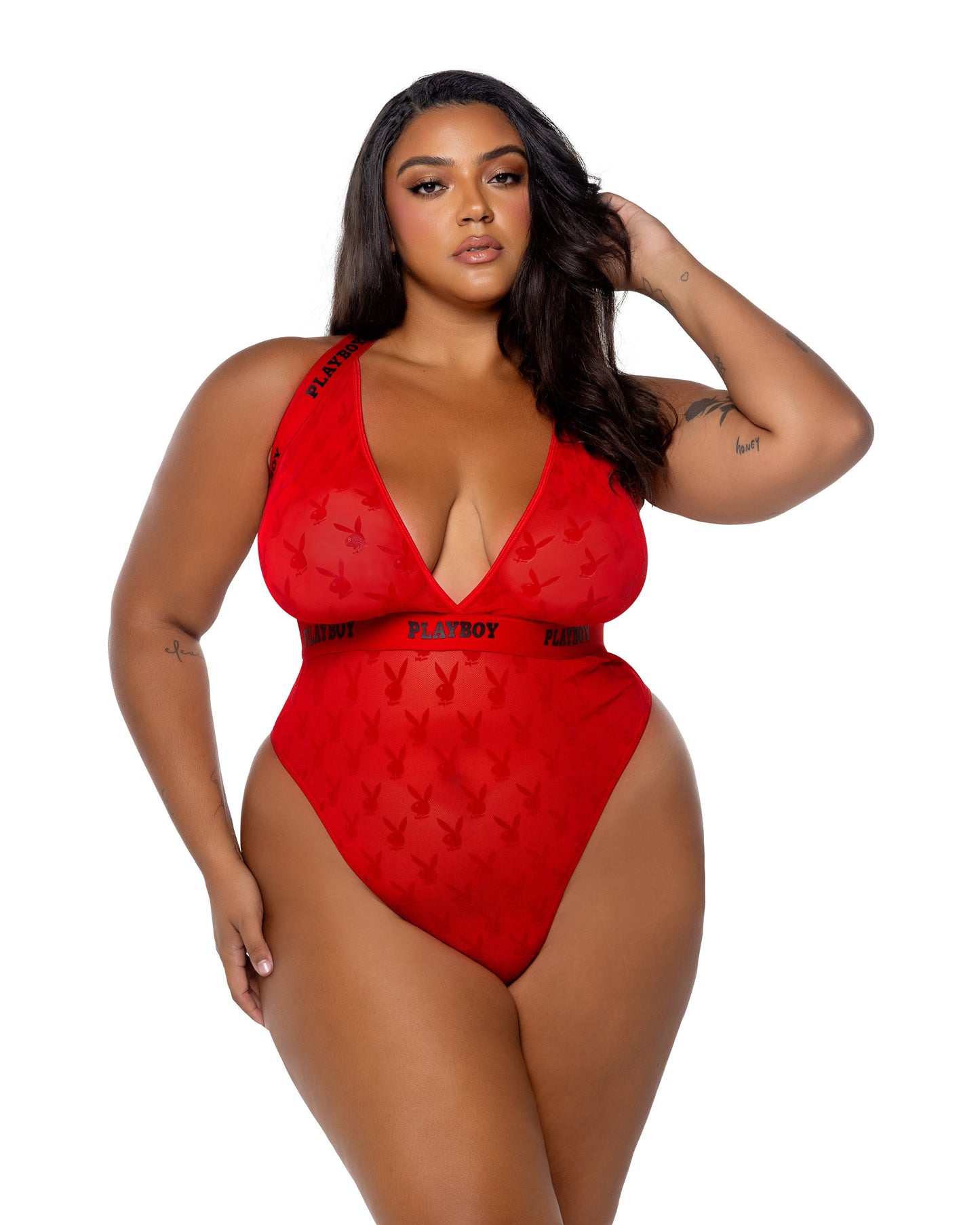 Playboy Bunny Rouge Plunge Teddy Logo Flocked Printed Mesh Red Plus Size