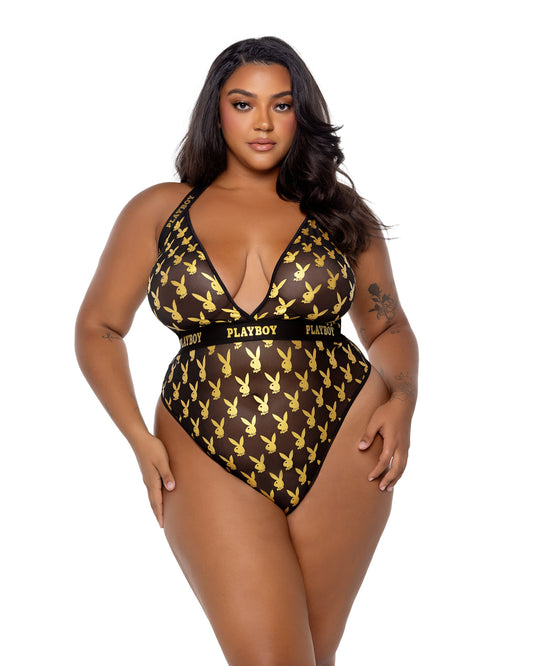 Playboy Foiled Bunny Teddy Foil Logo Plunge Black Gold Plus Size