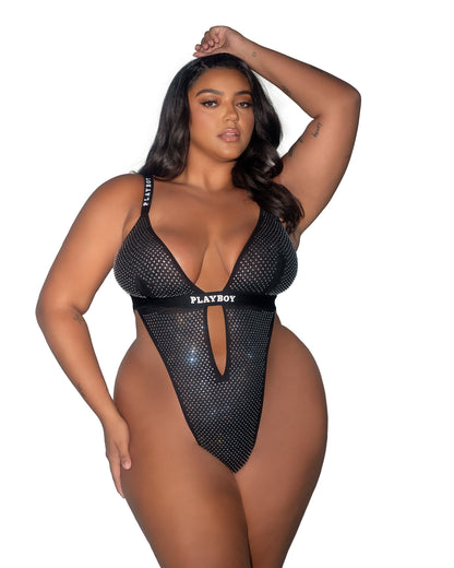 Playboy Disco Fever Teddy All Over Rhinestone Black Bodysuit Plus Size