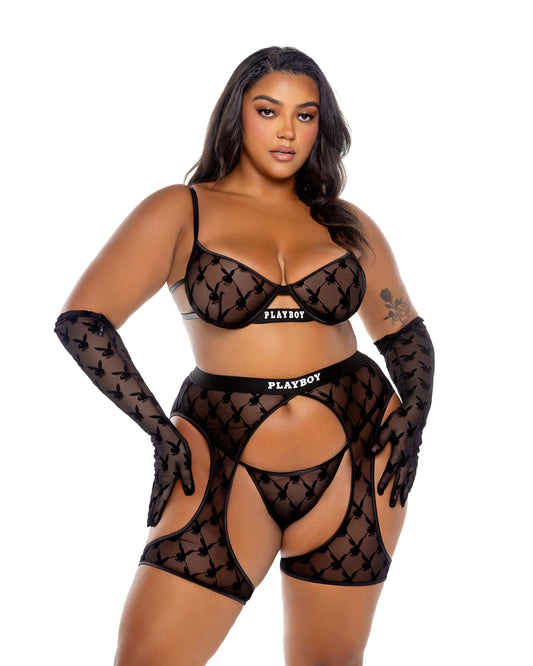 Playboy Flocked Bunny Chaps Black Logo Flock Print Mesh Plus Size