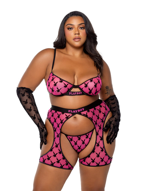 Playboy Flocked Bunny Chaps Pink Logo Flock Print Mesh Plus Size